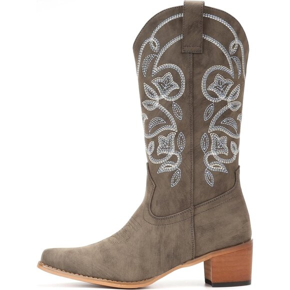 Women's Khaki Pointy Toe Faux Leather Western Cowgirl Mid Calf Boots - Picture 2 of 5